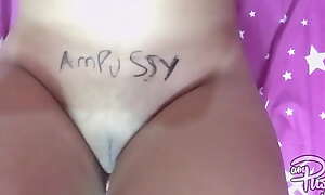 Asian teen girl writes AMPUSSY on her naked body