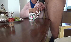 Arab milf gets drinks cumshot from horny masturbating stepson