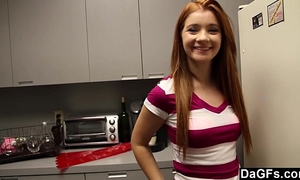 Horny redhead legal age teenager surprised with sex in kitchen