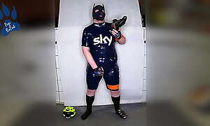 Rubber Cyclist Pup enjoying his gear (sniffing and pawing off)